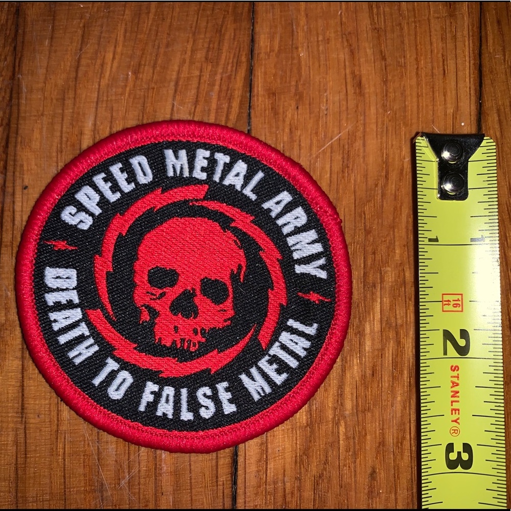 Speed metal army death to fake metal red black white skull patch skateboard no